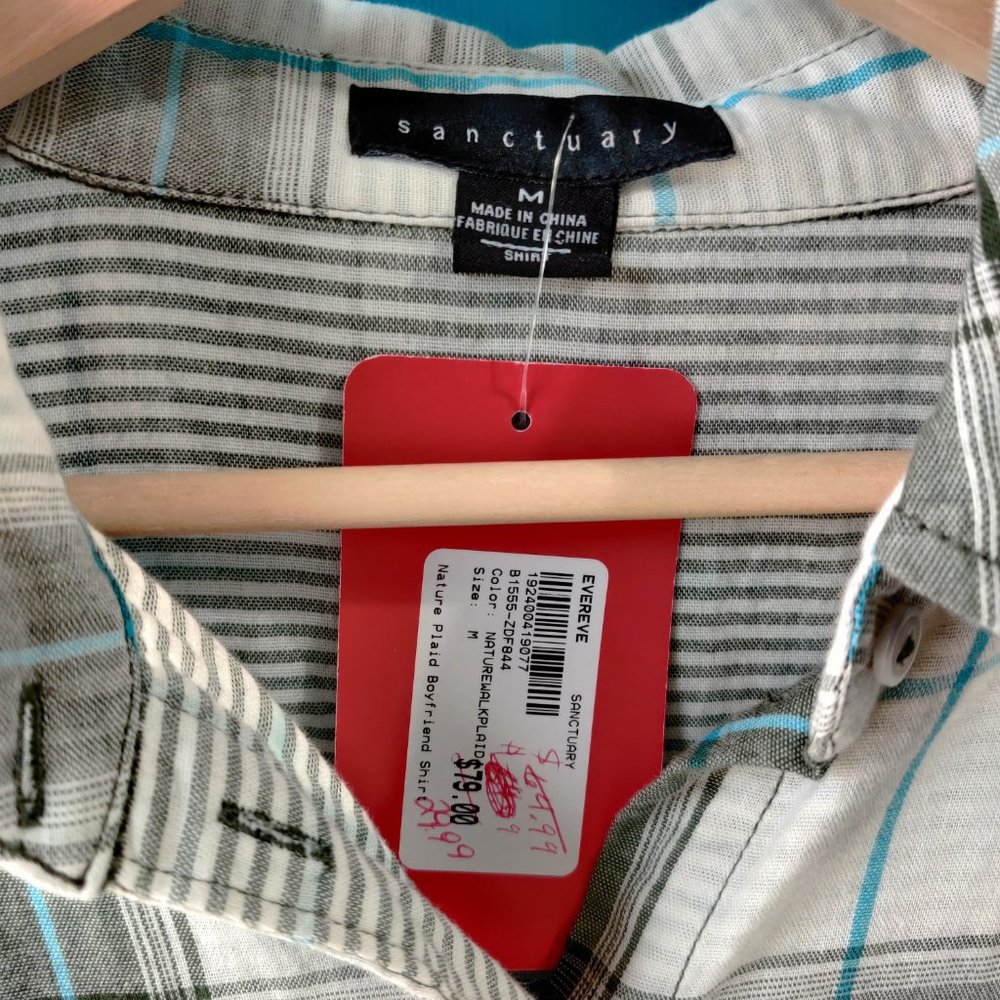 NEW $79 SANCTUARY Button-Up Shirt Green Plaid Med - Picture 9 of 13